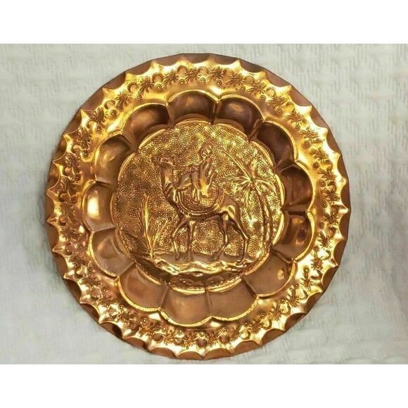 Antique Handmade Ornate Copper Wall Decor Plate Palm Tree, Camel, Bedouin - Picture 1 of 7